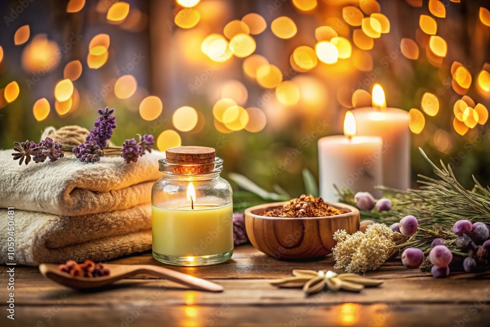 Tranquil Spa Setting with Essential Oils and Aromatherapy Candle for Relaxation and Wellness in a Bokeh Effect Tranquil Spa Setting with Essential Oils and Aromatherapy Candle for Relaxation and Wellness in a Bokeh Effect