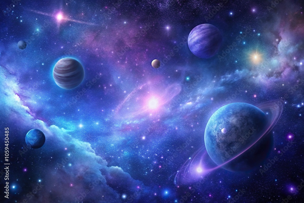 Dark nebula galaxy background with twinkling stars and planets in shades of purple and blue, deep space, stars Dark nebula galaxy background with twinkling stars and planets in shades of purple and blue, deep space, stars