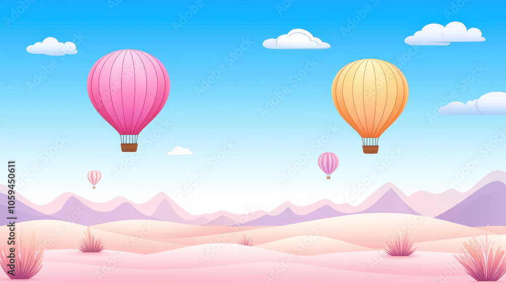 Fototapeta premium Colorful hot air balloons flying over serene desert landscape