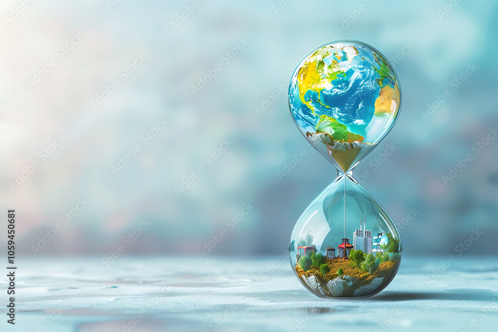 Hourglass filled with earth and sky textures isolated on a light background. Hourglass filled with earth and sky textures isolated on a light background.