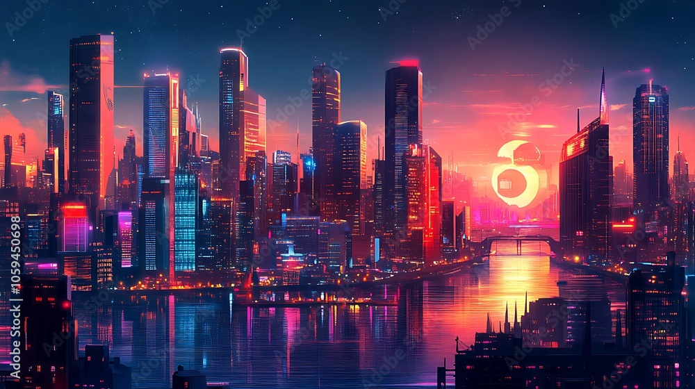 Fototapeta premium Futuristic Neon Cityscape Illuminated at Sunset with Reflections on Water Image