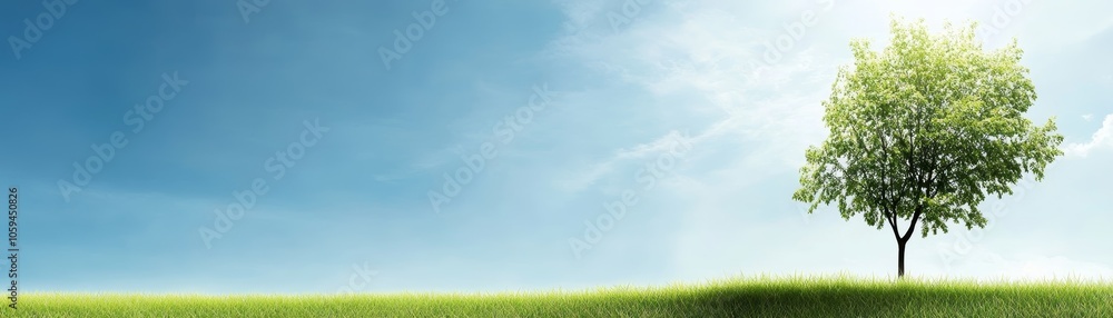 Serene landscape, majestic tree in a grassy field, embracing the beauty of nature's solitude Serene landscape, majestic tree in a grassy field, embracing the beauty of nature's solitude