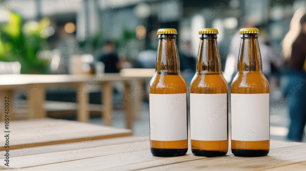Three bottles of beer with blank labels on wooden table. Three bottles of beer with blank labels on wooden table.