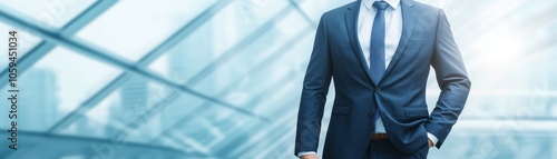 Urban corporate success, businessman in suit stands before modern glass building, embodying professional achievement