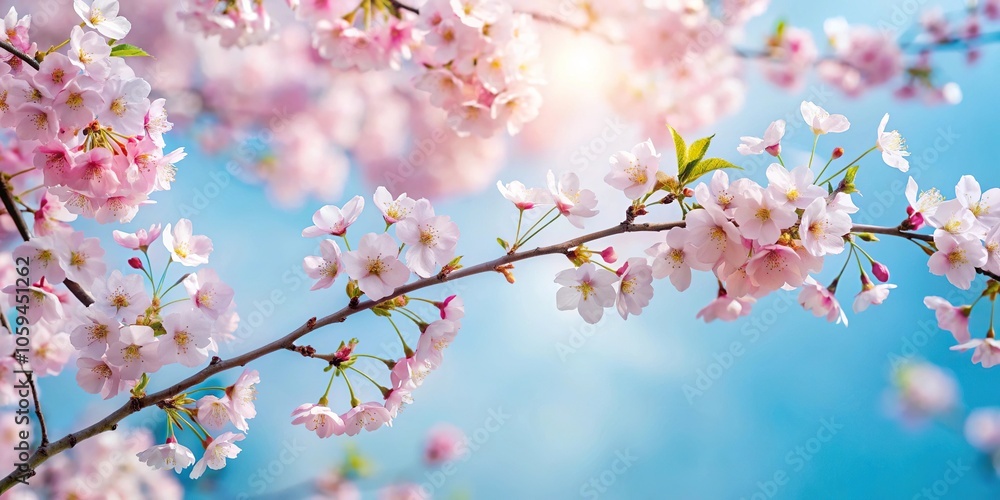 Delicate cherry blossom branches in full bloom against a soft blue sky, spring, tree