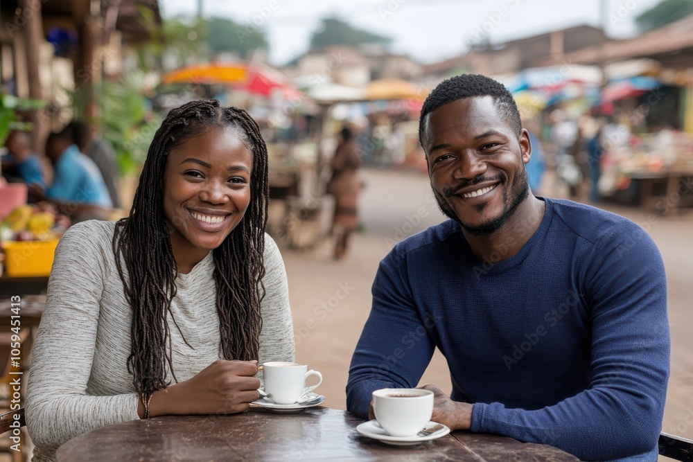 A happy couple in casual clothing smiling while enjoying coffee at an outdoor market with vibrant umbrellas and a bustling background. A happy couple in casual clothing smiling while enjoying coffee at an outdoor market with vibrant umbrellas and a bustling background.