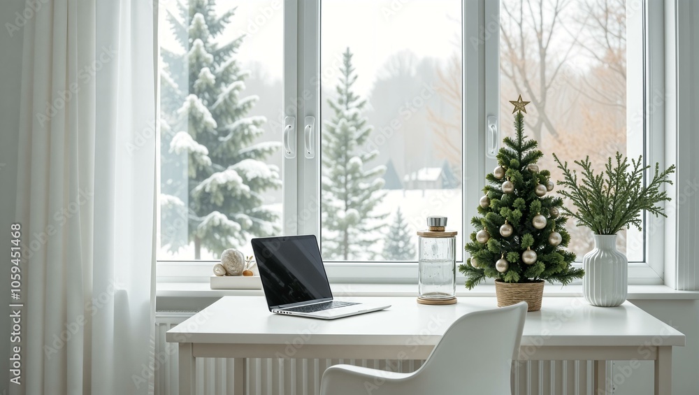 White cosy home office, a little christmas tree on the white desktop with white furniture and laptop. Panoramic windows with winter background. Comfort working concept White cosy home office, a little christmas tree on the white desktop with white furniture and laptop. Panoramic windows with winter background. Comfort working concept