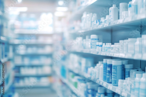Abstract image of a showcase with medicines, cosmetics in a pharmacy