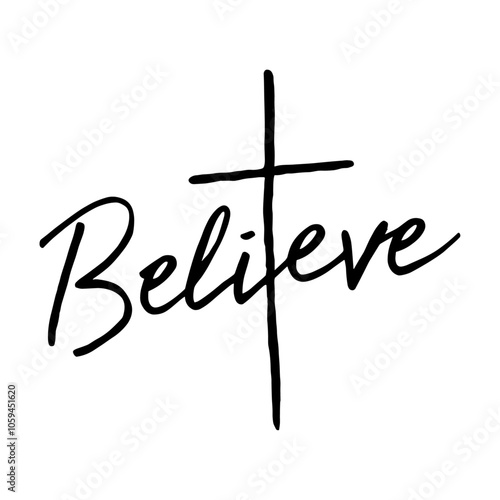 believe handwritten word with a cross, religious tattoo sketch, simple minimalist logo, faith