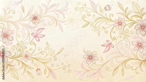 Delicate, hand-drawn script and floral motifs in soft pink and gold hues against a creamy white background, calligraphy, elegance
