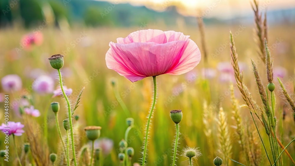 delicate pink poppy flower in a field surrounded by tall grasses and wildflowers, seasonal, growth, poppies, landscape delicate pink poppy flower in a field surrounded by tall grasses and wildflowers, seasonal, growth, poppies, landscape