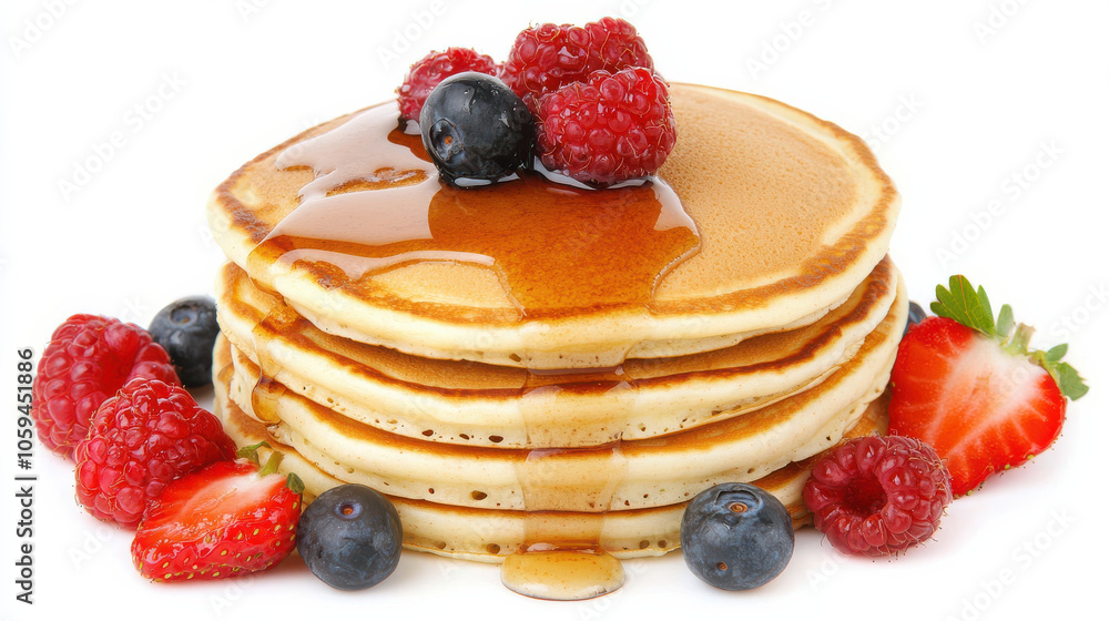 Delicious stack of pancakes topped with syrup and fresh berries Delicious stack of pancakes topped with syrup and fresh berries