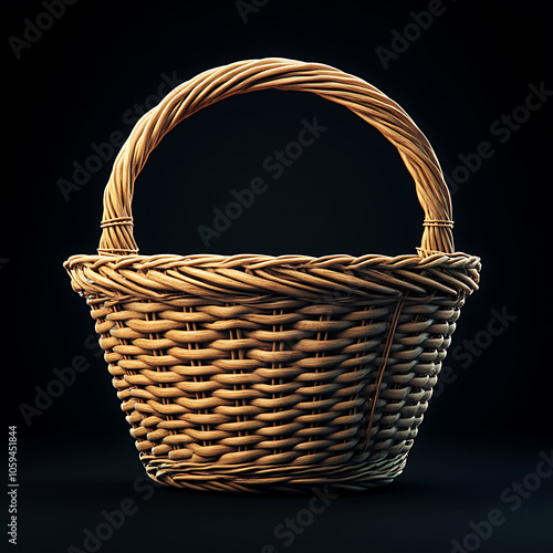 realistic woven basket with sturdy handle, perfect for storage or decoration. Its natural texture and design add rustic charm to any setting