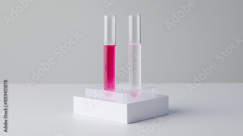 Minimalist Test Tubes with Bright Pink and Clear Liquid in Plastic Stand on White Table, Showcasing Clean and Organized Laboratory Setup for Scientific and Medical Analysis