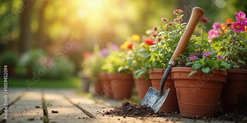 Garden tools in sunny garden, pots with seedlings and..flowers.