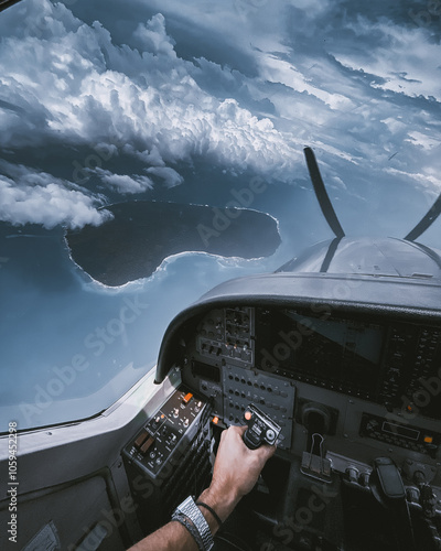 Aerial view from a pilot point of view of a remote tropical island