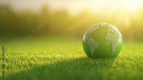 Vibrant green earth globe nestled in lush grass, a symbol of environmental sustainability and ecoconsciousness photo