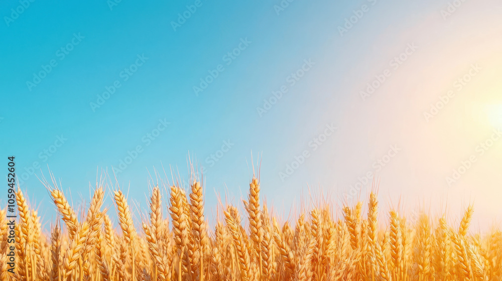 Golden wheat field under clear blue sky, radiating warmth and tranquility Golden wheat field under clear blue sky, radiating warmth and tranquility