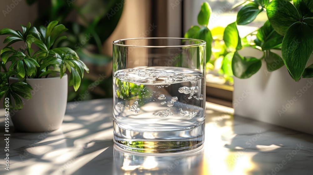 Glass of Water on a White Table Background, Ideal for Minimalistic Decor or Lifestyle Imagery Glass of Water on a White Table Background, Ideal for Minimalistic Decor or Lifestyle Imagery