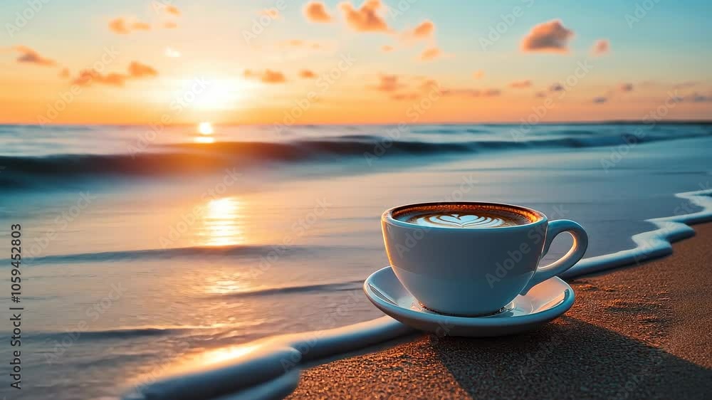 A cup of coffee sits on the beach at sunset A cup of coffee sits on the beach at sunset