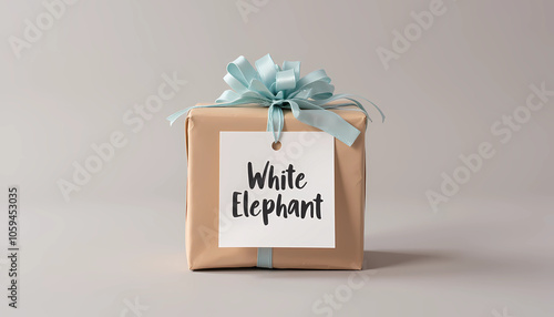 White Elephant gift wrapped in brown paper with blue ribbon
