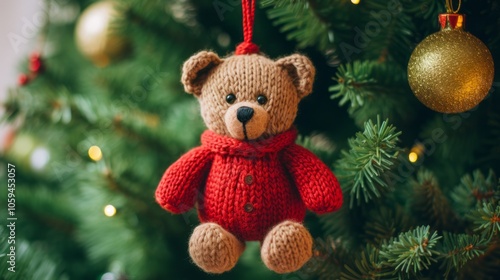 Wallpaper Mural Knitted teddy bear ornament on Christmas tree with festive decorations. Torontodigital.ca