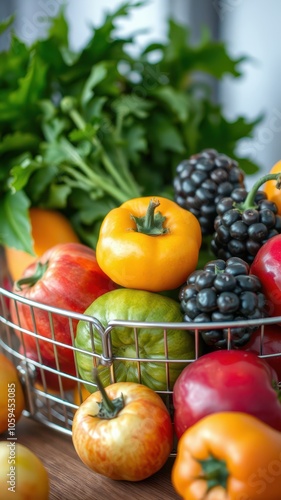 A wire basket filled with colorful vegetables and blackberries sits on a wooden countertop