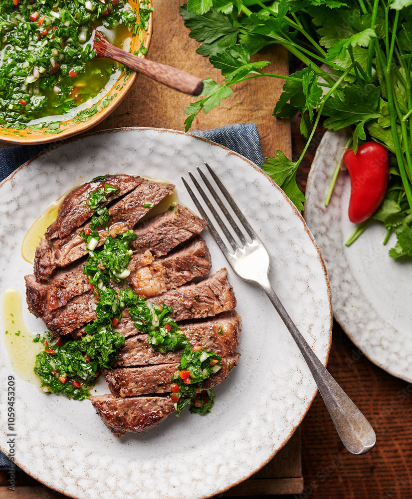 Grass fed Ribeye Steak with chimichuuri sauce. Grass fed Ribeye Steak with chimichuuri sauce.