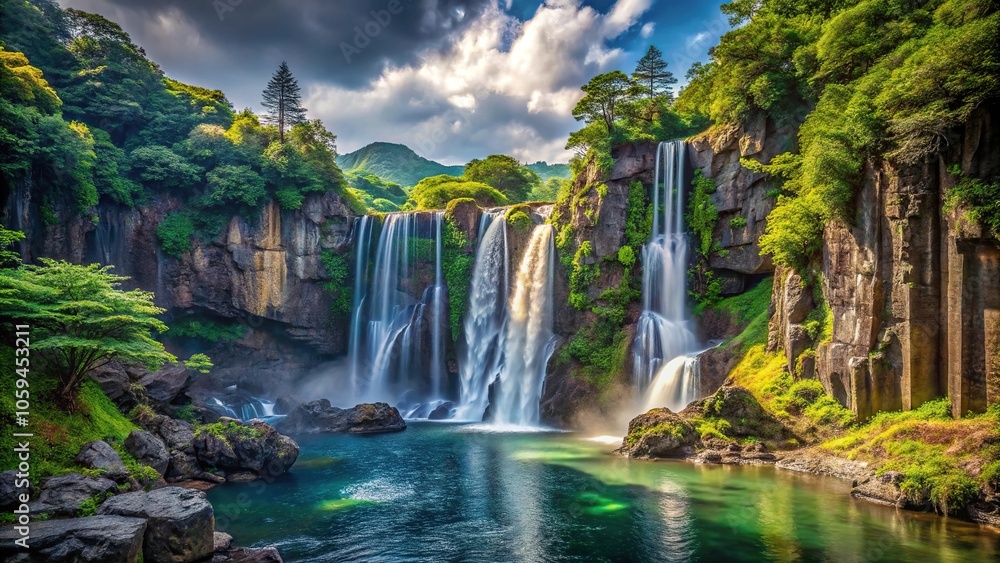 Obraz premium Dramatic Japanese landscape with a waterfall cascading down a rocky cliff, landscape, waterfall, outdoors