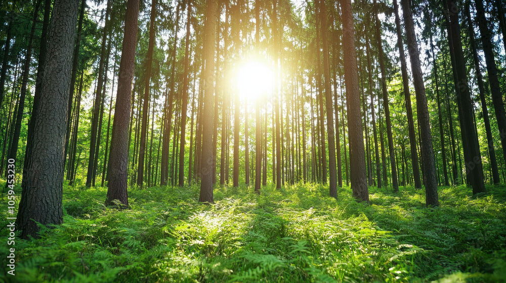 Fototapeta premium Lush green forest with sunlight filtering through trees creates serene atmosphere