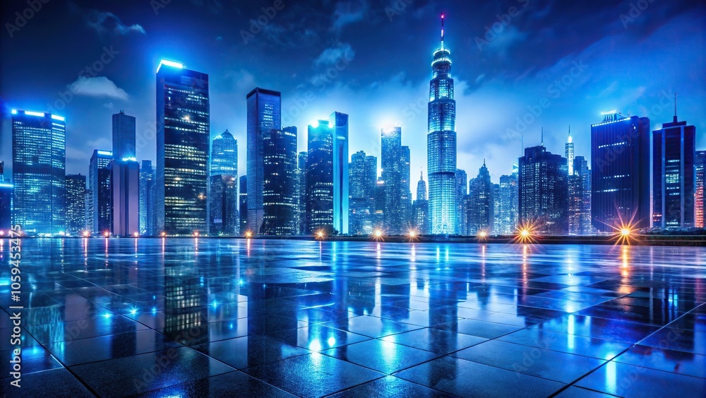 Electric blue cityscape at night with skyscrapers and neon lights reflecting off the wet pavement, bustling streets, skyscrapers Electric blue cityscape at night with skyscrapers and neon lights reflecting off the wet pavement, bustling streets, skyscrapers