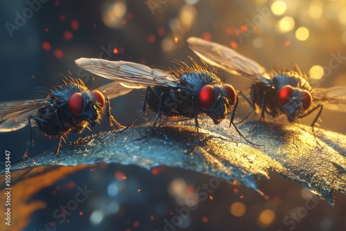 The distinctive characteristics of the phorid fly are illustrated as it buzzes around decaying foliage, illustrating how nature recycles itself. photo