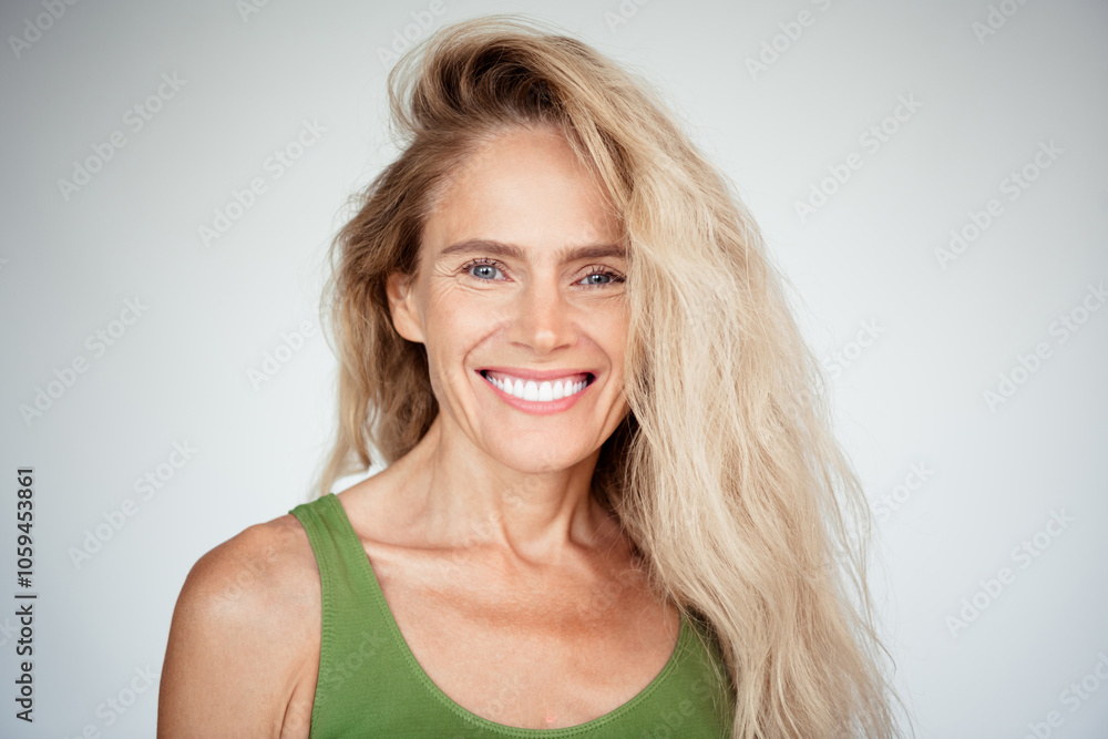 Photo of stunning mature blonde female cheerful toothy dressed khaki lingerie white background no filter self acceptance all body perfect Photo of stunning mature blonde female cheerful toothy dressed khaki lingerie white background no filter self acceptance all body perfect