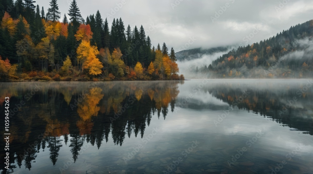 Fototapeta premium Fog in nature. A misty forest in autumn with a mix of evergreen and yellow-orange deciduous trees