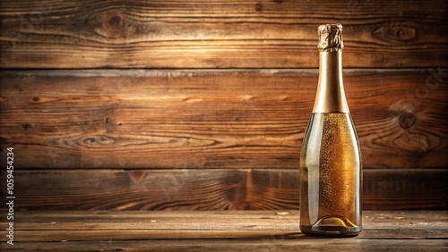Fizzy bottle of sparkling wine on a wooden table, intoxicating drink, celebration, champagne, dining table