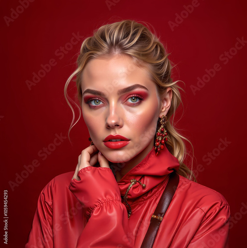 Young blonde woman with green eyes and red lips wearing a red leather jacket and shoulder bag pictured in front of a dark red background photo