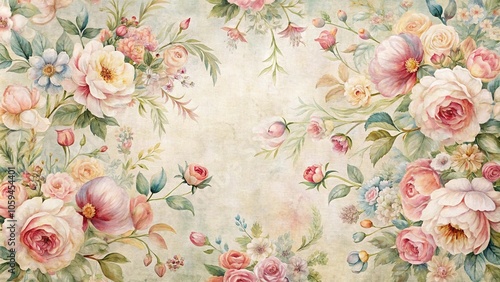 Fototapeta Naklejka Na Ścianę i Meble -  Floral tapestry with delicate floral motifs and soft watercolor hues, whimsical, flower arrangements, garden scene