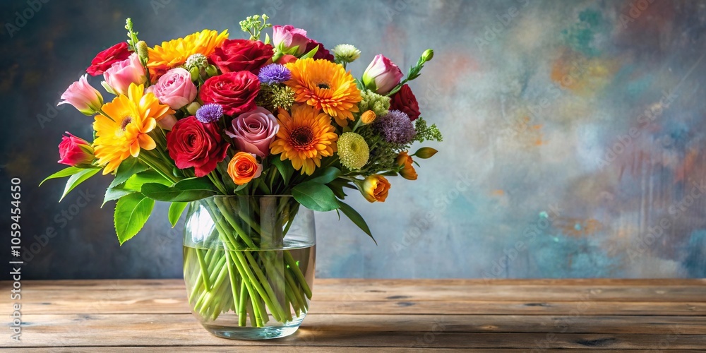Freshly arranged bouquet of colorful flowers in a elegant vase, delicate, soft, morning Freshly arranged bouquet of colorful flowers in a elegant vase, delicate, soft, morning