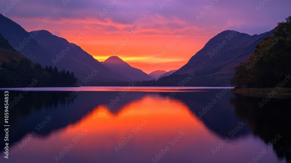 Fototapeta premium A stunning sunrise over a calm lake with majestic mountains in the background, the reflection of the sky creates a beautiful and peaceful scene.