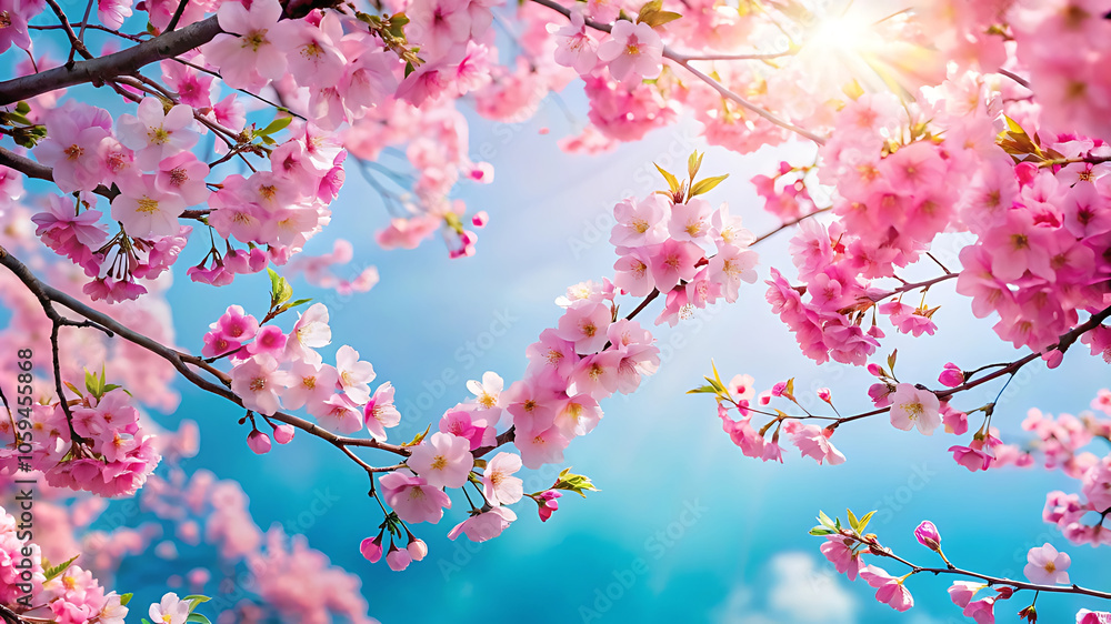 Fototapeta premium Spring banner featuring beautiful pink cherry blossom branches against a bright blue sky. A dreamy, romantic panoramic landscape with plenty of copy space, perfect for seasonal designs.