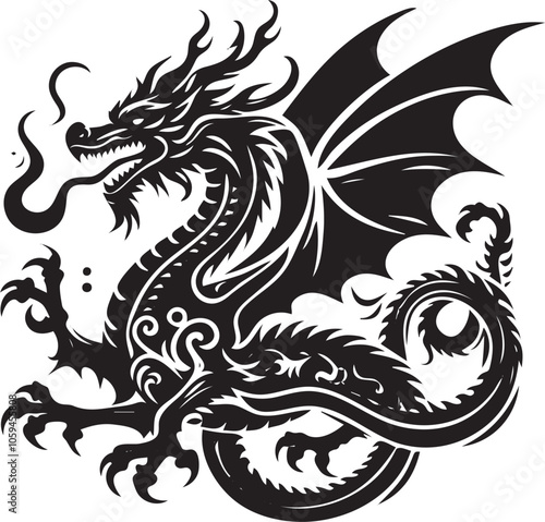 Wallpaper Mural Majestic Dragon: Fierce, detailed dragon illustration in black and white, perfect for fantasy, mythology, and tattoo designs.   Torontodigital.ca