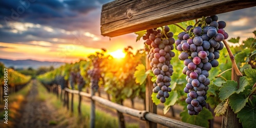 Grapes hanging from a wooden trellis in a vineyard at sunset, rustic, trellis, farm photo