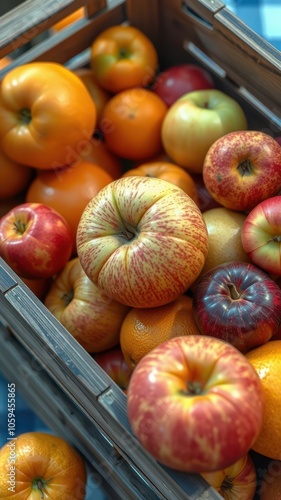 A close-up view of fresh fruit in a wooden crate