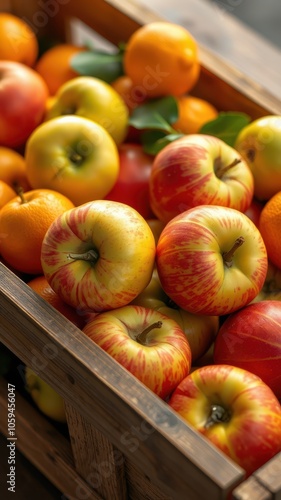 A wooden crate overflowing with ripe apples and oranges, ready for the market