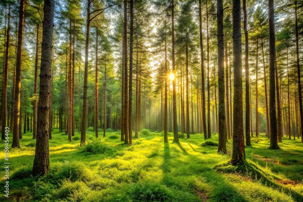 high definition image of a peaceful forest landscape with tall trees and underbrush, evergreen, undergrowth high definition image of a peaceful forest landscape with tall trees and underbrush, evergreen, undergrowth