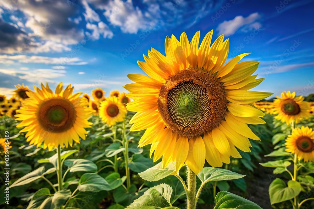 High-definition image of large sunflowers in a field against a blue sky, field of sunflowers, large sunflowers High-definition image of large sunflowers in a field against a blue sky, field of sunflowers, large sunflowers