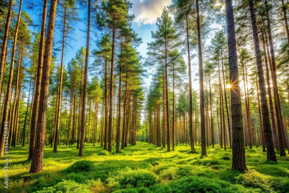 Naklejka premium high definition image of a peaceful forest landscape with tall trees and underbrush, undergrowth, forest, coniferous, deciduous