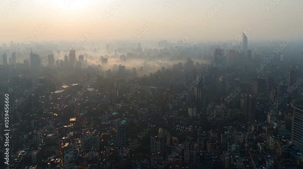 City in Haze: A panoramic view reveals the entire cityscape, softened by the veil of fog. City in Haze: A panoramic view reveals the entire cityscape, softened by the veil of fog.