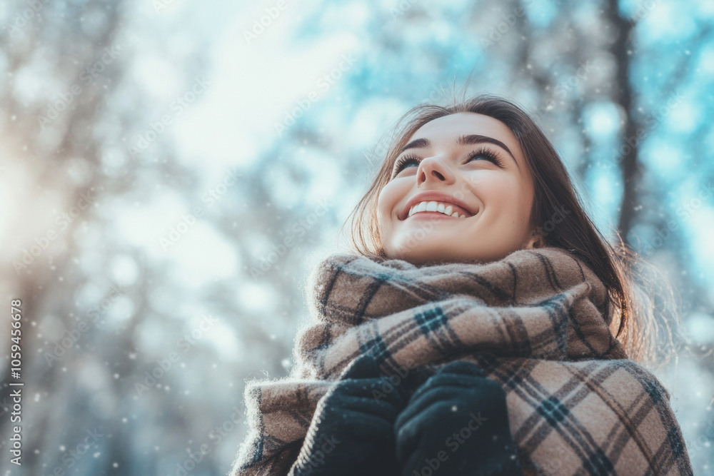 Beautiful sweet girl smiling, standing in winter forest or snowy park. She has happy relaxed face. Woman enjoying walk, breathing fresh frosty air Beautiful sweet girl smiling, standing in winter forest or snowy park. She has happy relaxed face. Woman enjoying walk, breathing fresh frosty air