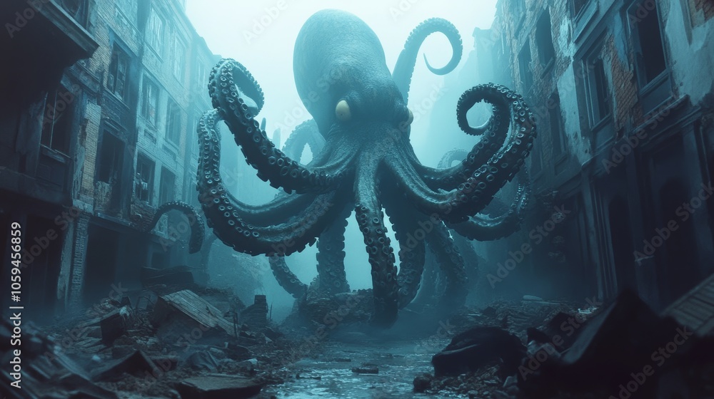 Obraz premium Giant octopus attacking deserted city in the fog